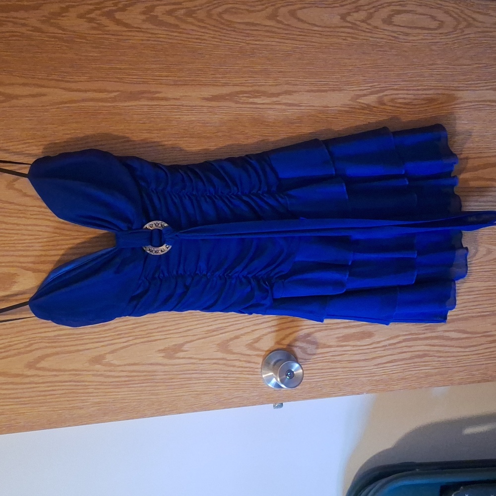 Blue strapless party dress.